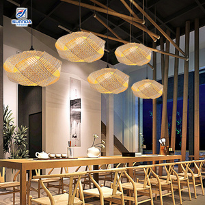 Decorative woven rattan natural bamboo shade hanging light vintage handmade craft ceiling pendant lamp for hotel apartment house