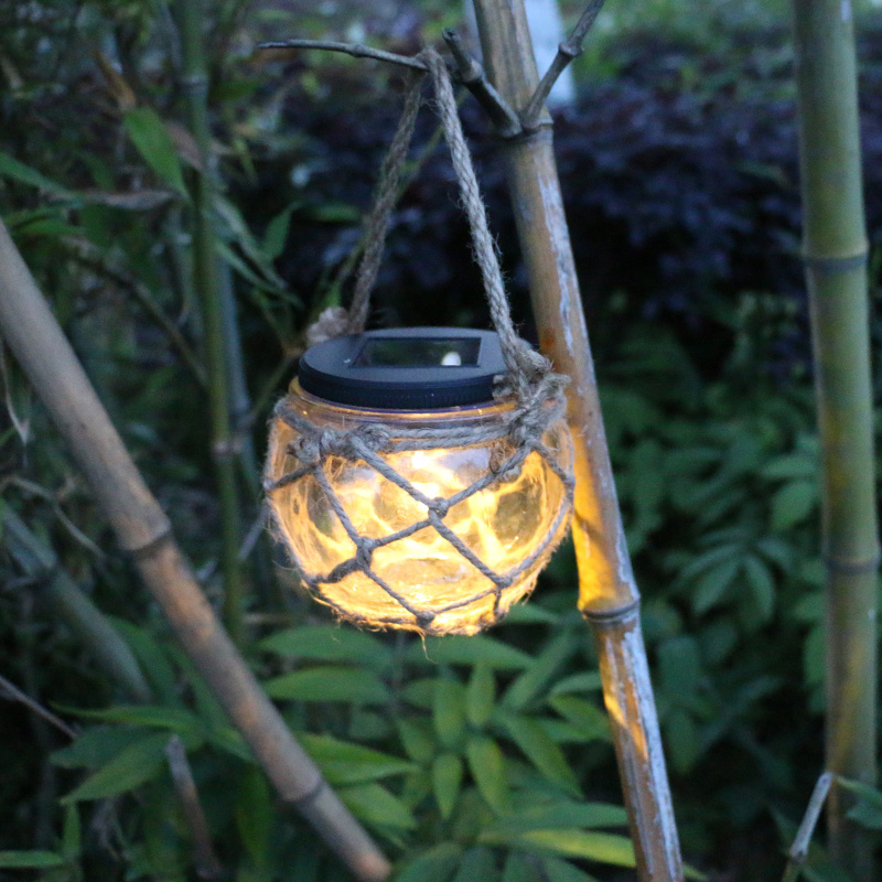 Outdoor Solar Glass Garden Decking Lights Hanging Lantern with Rope Garden Decoration