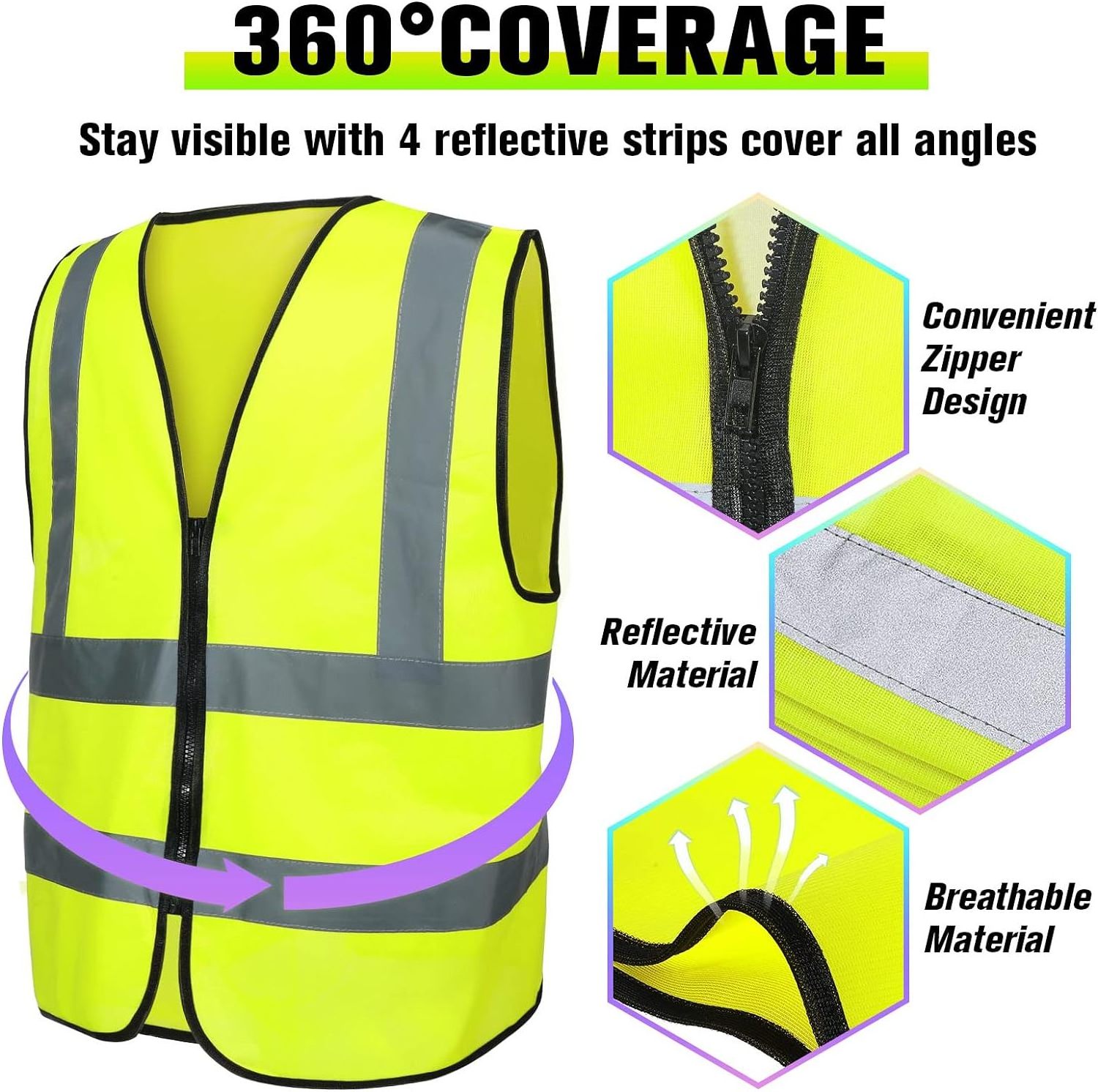 ANT5PPE High Visibility Safety Vest with Zipper Construction Reflective Vest Black Wrap for Adults Work Traffic Surveyor