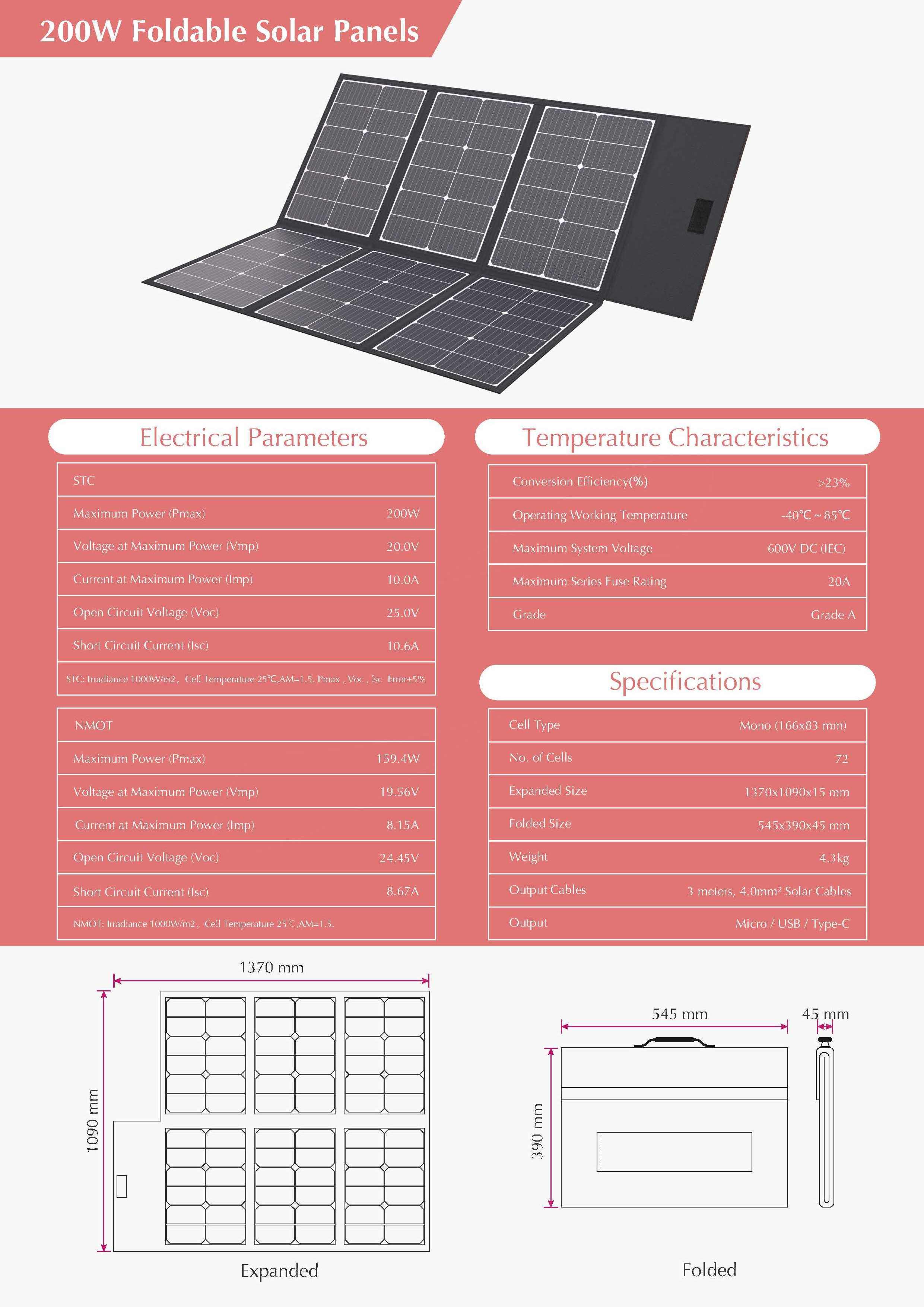 100W 160W 200W 250W 300W 400W 500W Monocrystalline Foldable Camping Solar Panel Charger With 23% Efficiency