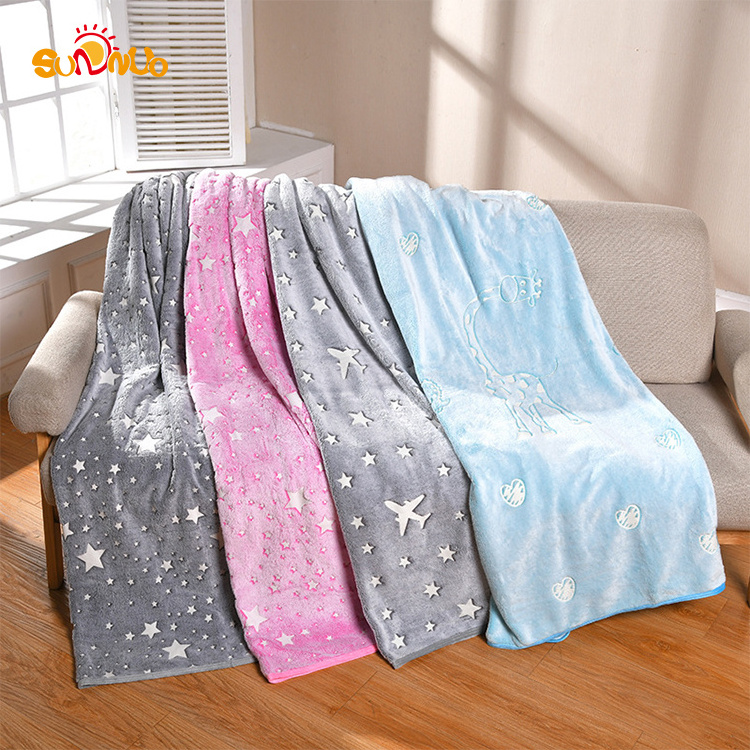 SUNNUO Glow in The Dark Blanket Pink Stars Flannel Fleece Blanket Birthday Gift for Girls Kids