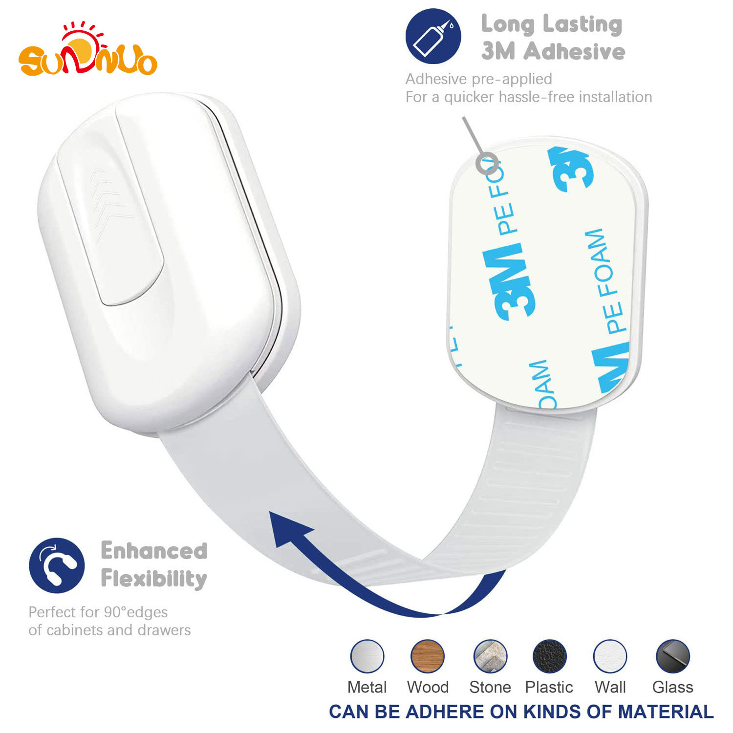 SUNNUO White Drawer Lock for Baby and Children for Doors Cupboards with 3M Adhesive Child Lock for Cabinet and Drawers