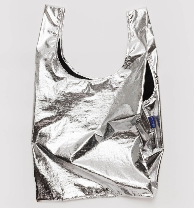 Customized Metallic Silver Reusable Recyclable Pouch Foldable Shopping Tote Bag