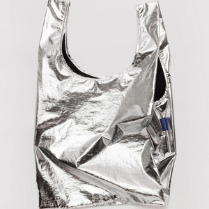 Customized Metallic Silver Reusable Recyclable Pouch Foldable Shopping Tote Bag