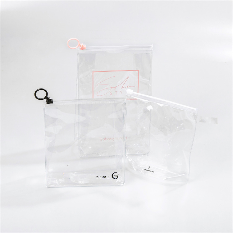 OEM private label custom printed waterproof pvc clear transparent ring zipper pink stand up zipper pouch