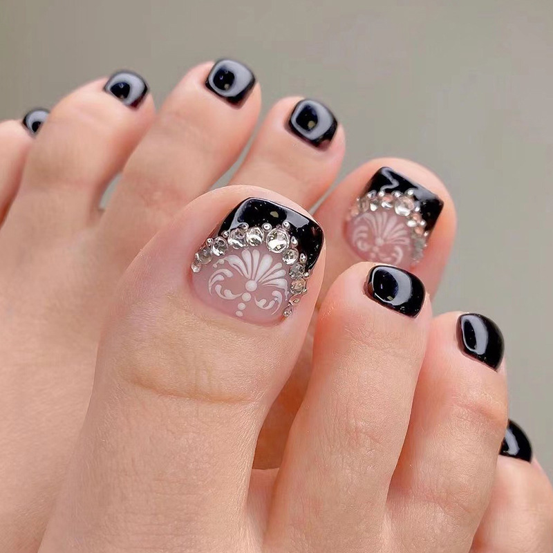 OEM Artificial Feet Nail Summer purple flower rhinestone False ToeNails Full Cover Press On Toe nails 24pcs\box Custom packaging