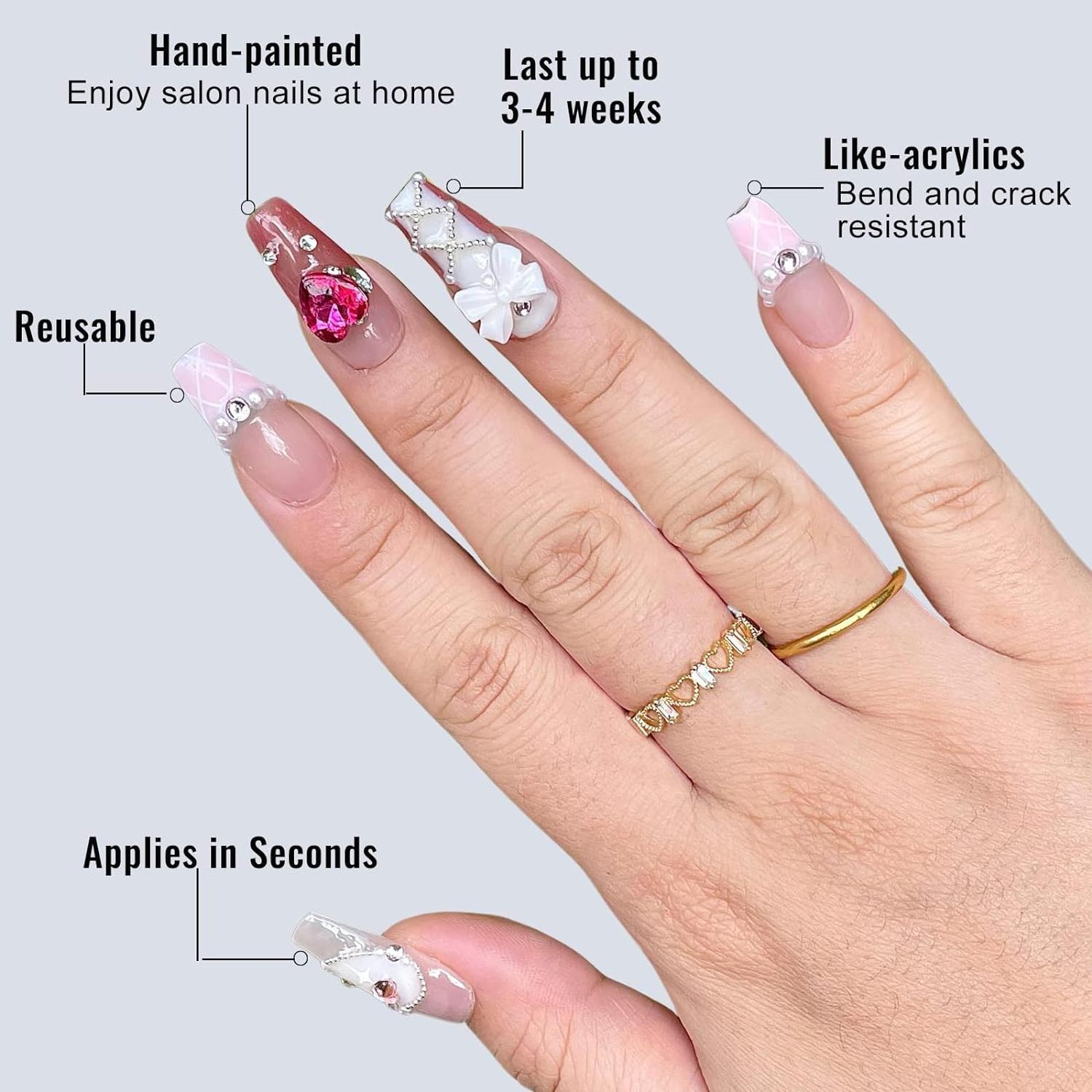 Light Rain Bling Press on Nails 3D Handmade with Pink Rhinestones Reusable Gel UV Finished False nails