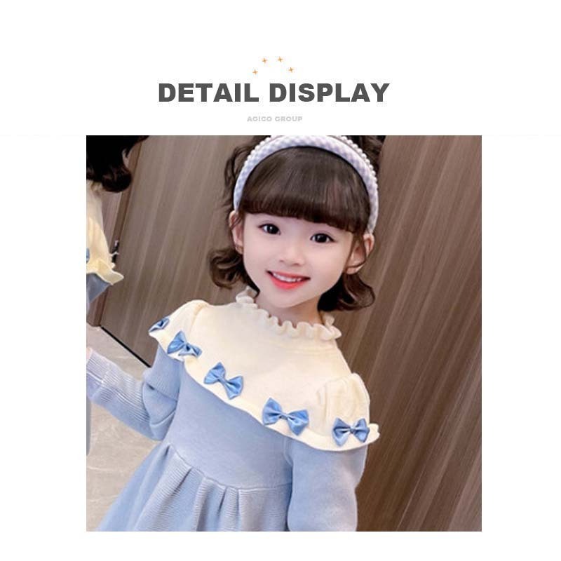 High Quality Puff Sleeves Winter Party Princess Dress with Ruffle Bow A-Line Knitting Sweater Dress for Kids Toddler Girls