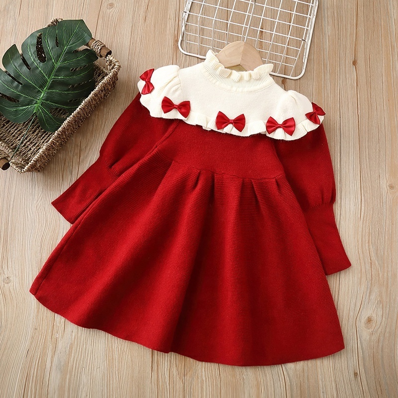 High Quality Puff Sleeves Winter Party Princess Dress with Ruffle Bow A-Line Knitting Sweater Dress for Kids Toddler Girls