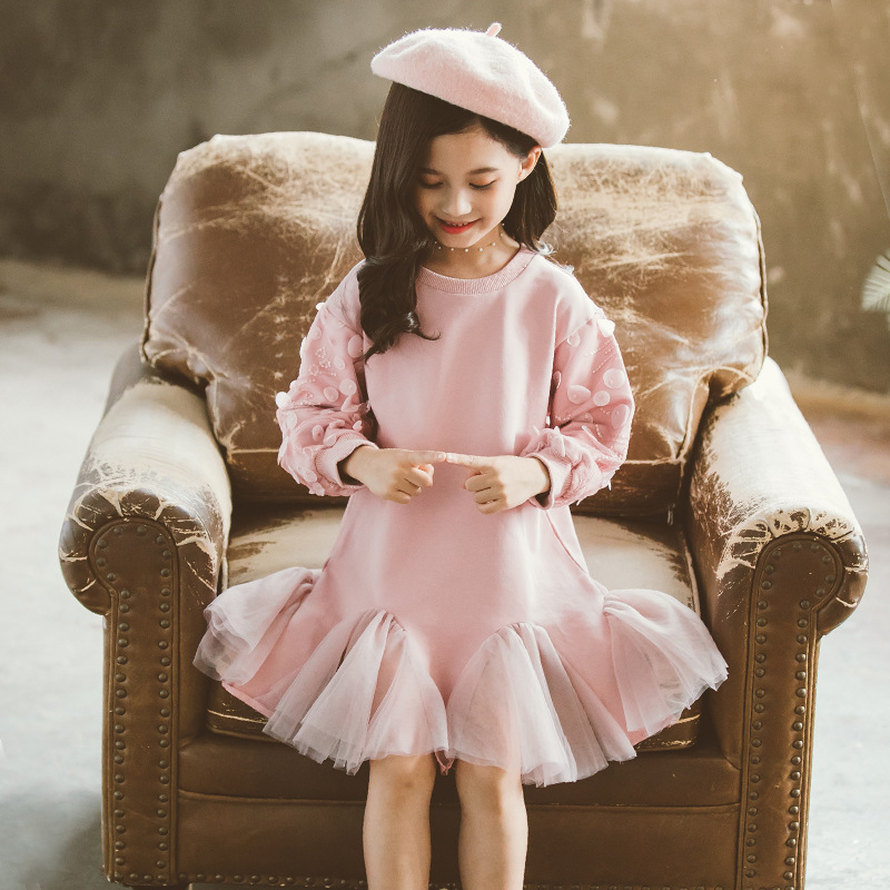 Spring and Autumn Clothes Children's Stitching Mesh Dress Long-sleeved Princess Skirt for Girls