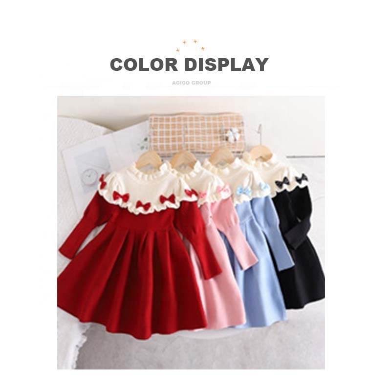 High Quality Puff Sleeves Winter Party Princess Dress with Ruffle Bow A-Line Knitting Sweater Dress for Kids Toddler Girls