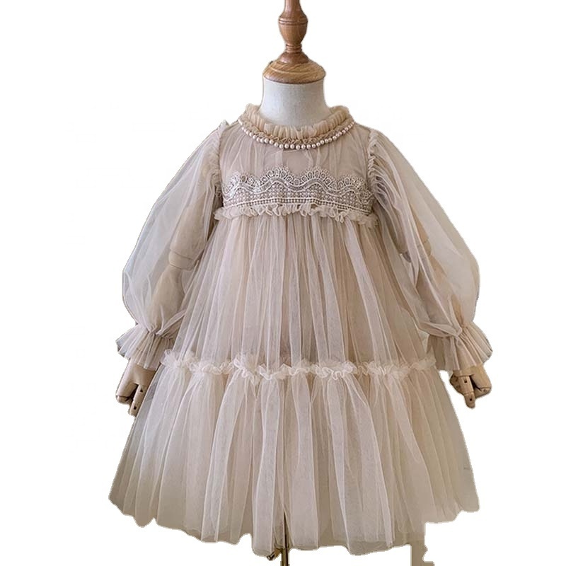 2024 Spring New A-line Puff Sleeves Princess Toddler Kids Girls Lace Mesh Tulle Pageant Wedding Birthday Party Vintage Dresses