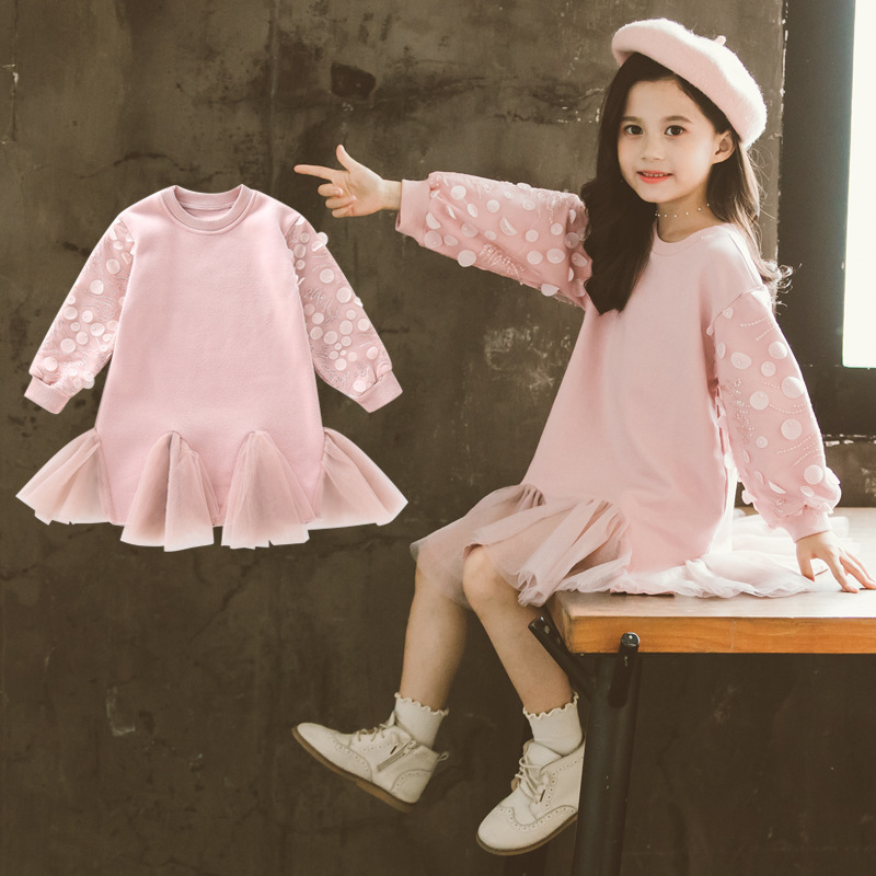 Spring and Autumn Clothes Children's Stitching Mesh Dress Long-sleeved Princess Skirt for Girls