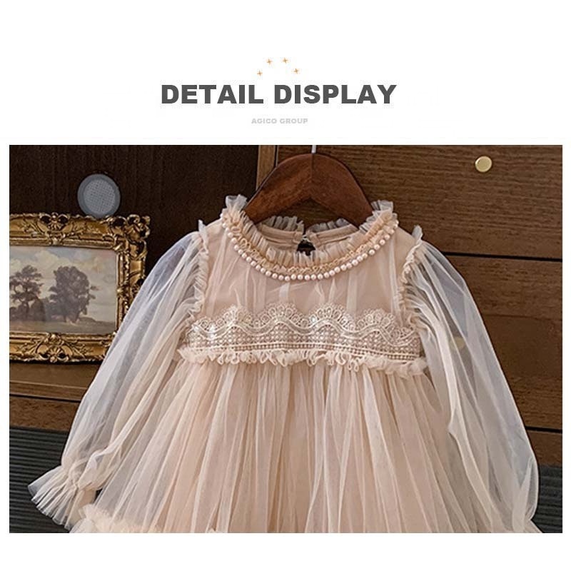 2024 Spring New A-line Puff Sleeves Princess Toddler Kids Girls Lace Mesh Tulle Pageant Wedding Birthday Party Vintage Dresses