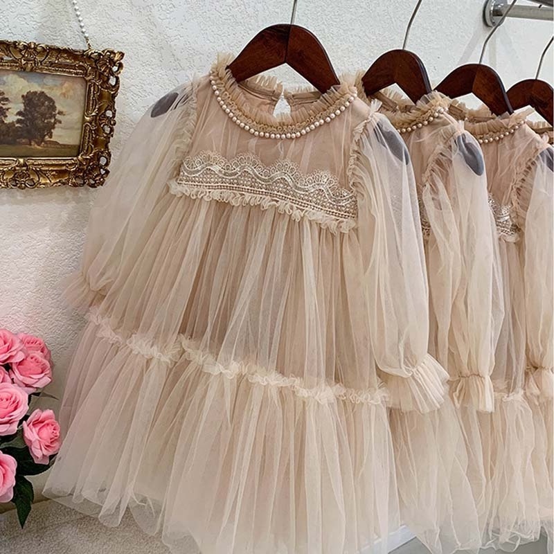 2024 Spring New A-line Puff Sleeves Princess Toddler Kids Girls Lace Mesh Tulle Pageant Wedding Birthday Party Vintage Dresses