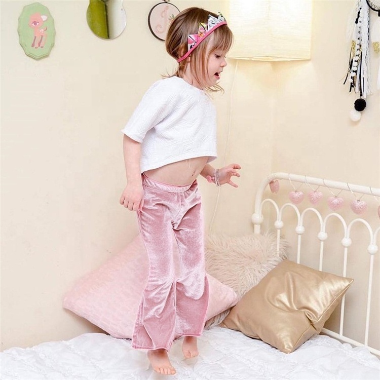 Kids Pants Girl Solid Spring Autumn Velvet Bell Bottoms Long Cotton Fashion Sunny Printed Elastic Ribbon FLARE Pants Support