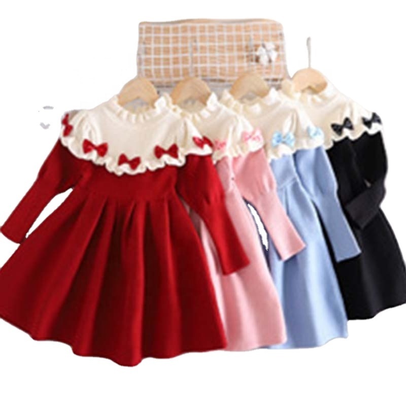 High Quality Puff Sleeves Winter Party Princess Dress with Ruffle Bow A-Line Knitting Sweater Dress for Kids Toddler Girls