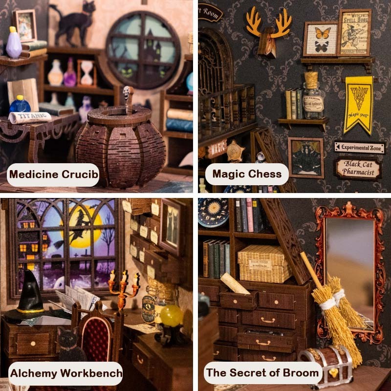 CuteBee Hot Selling 3D Wooden Puzzle Magic Pharmacist  DIY Miniature House  Bookend with Dust Cover For Christmas Gift Book Nook