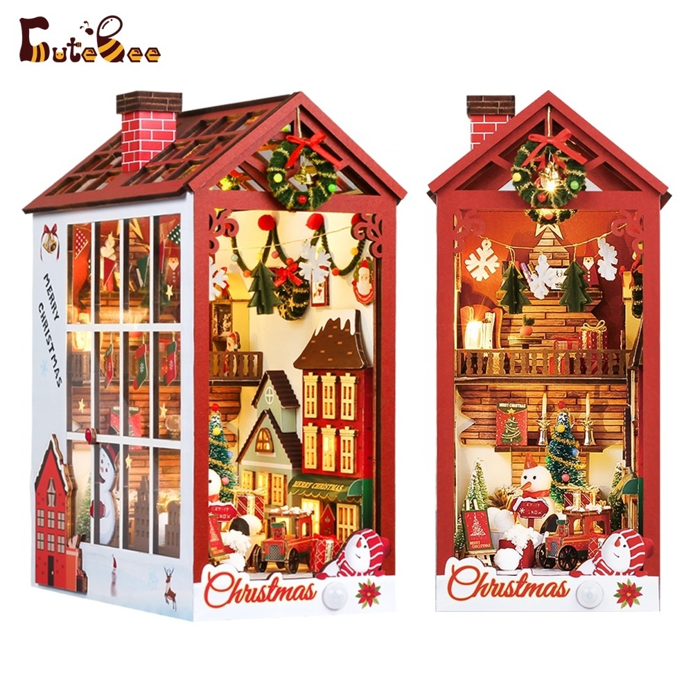 CuteBee Christmas Gift 3D Wooden Puzzle Christmas Book Nook DIY Miniature Doll House with Dust Cover  Book Nook For Gift Ideas