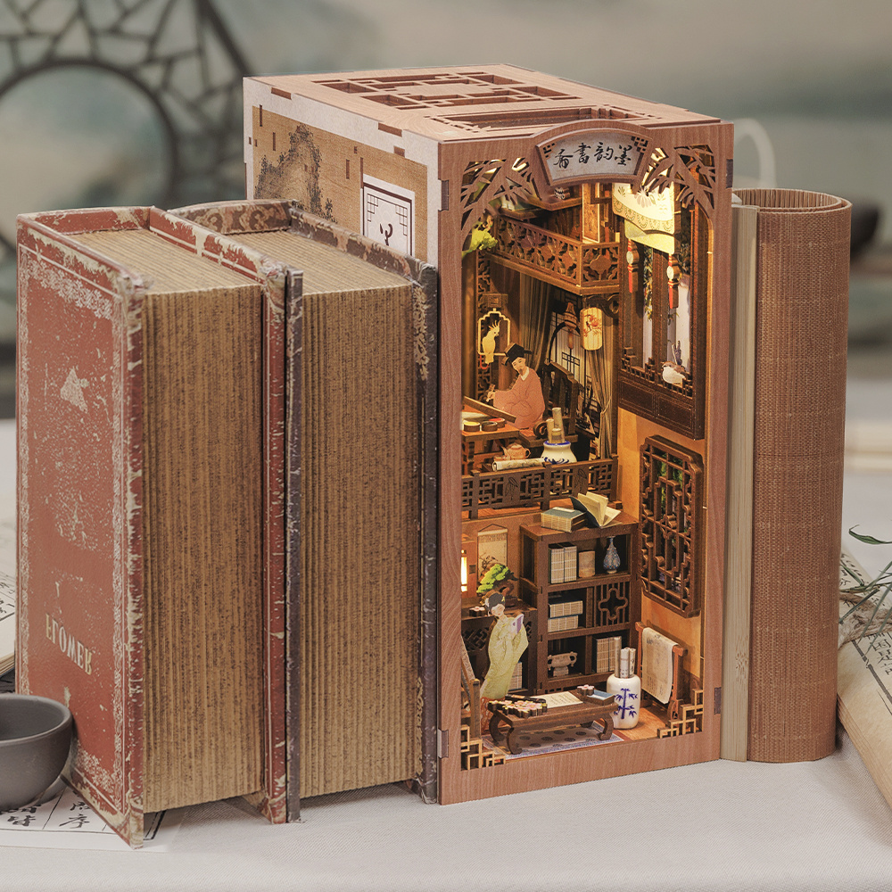 CuteBee Chinese Story Ink Rhyme Bookstore DIY Miniature House Diy Book Nook with Dust Cover Bookend Wooden Puzzle