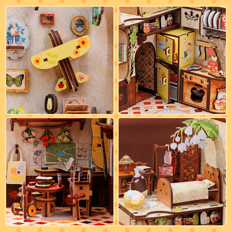 CuteBee New Style Children Dollhouse Gift  Mole's Apartment  Miniature  Wooden Puzzle with Dust Cover Book Nook