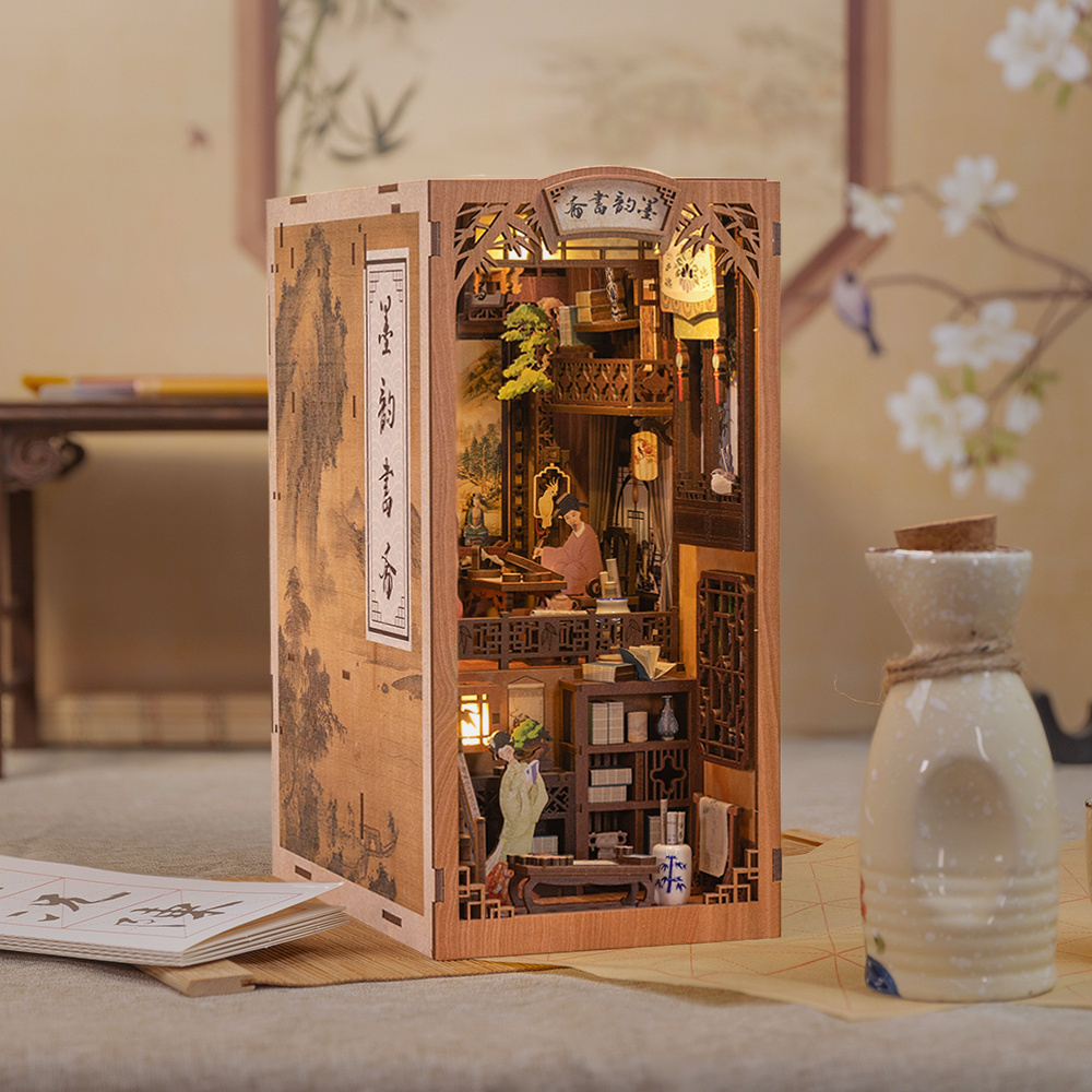 CuteBee Chinese Story Ink Rhyme Bookstore DIY Miniature House Diy Book Nook with Dust Cover Bookend Wooden Puzzle