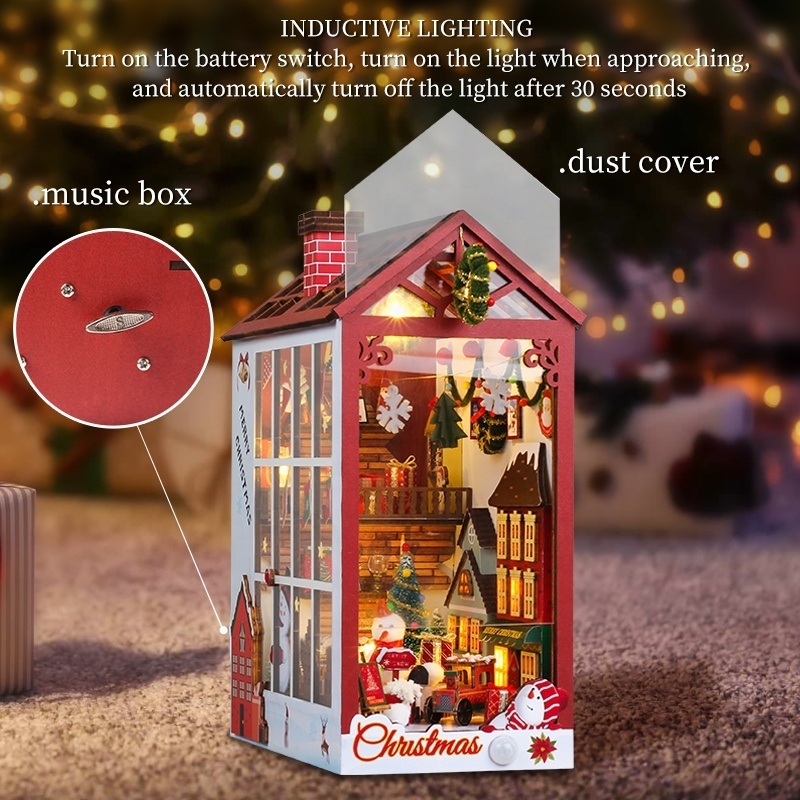 CuteBee Christmas Gift 3D Wooden Puzzle Christmas Book Nook DIY Miniature Doll House with Dust Cover  Book Nook For Gift Ideas