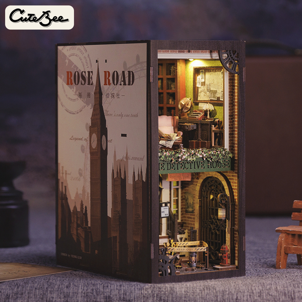 CuteBee New Style 3D Wooden Puzzle  Detective Style  Miniature Doll  House with Dust Cover For Christmas Gift Book Nook