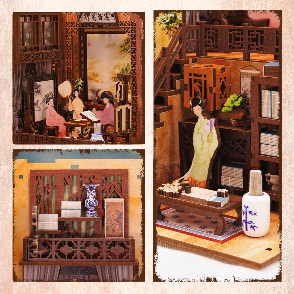 CuteBee Chinese Story Ink Rhyme Bookstore DIY Miniature House Diy Book Nook with Dust Cover Bookend Wooden Puzzle