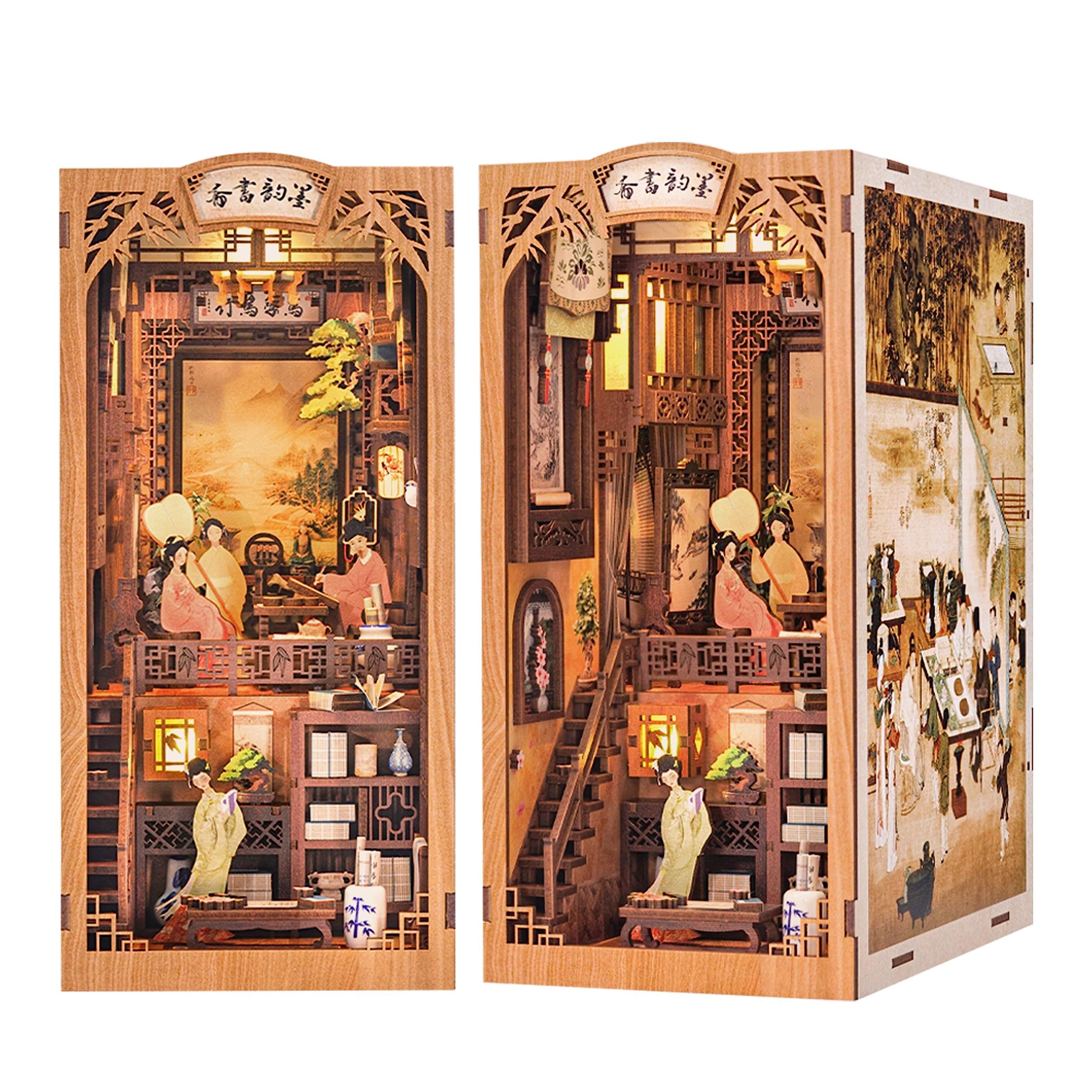 CuteBee Chinese Story Ink Rhyme Bookstore DIY Miniature House Diy Book Nook with Dust Cover Bookend Wooden Puzzle