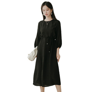 High Quality  Solid Color French Maxi Commuter Elegant Long Sleeve Dress Embossed Versatile Real Silk Dress