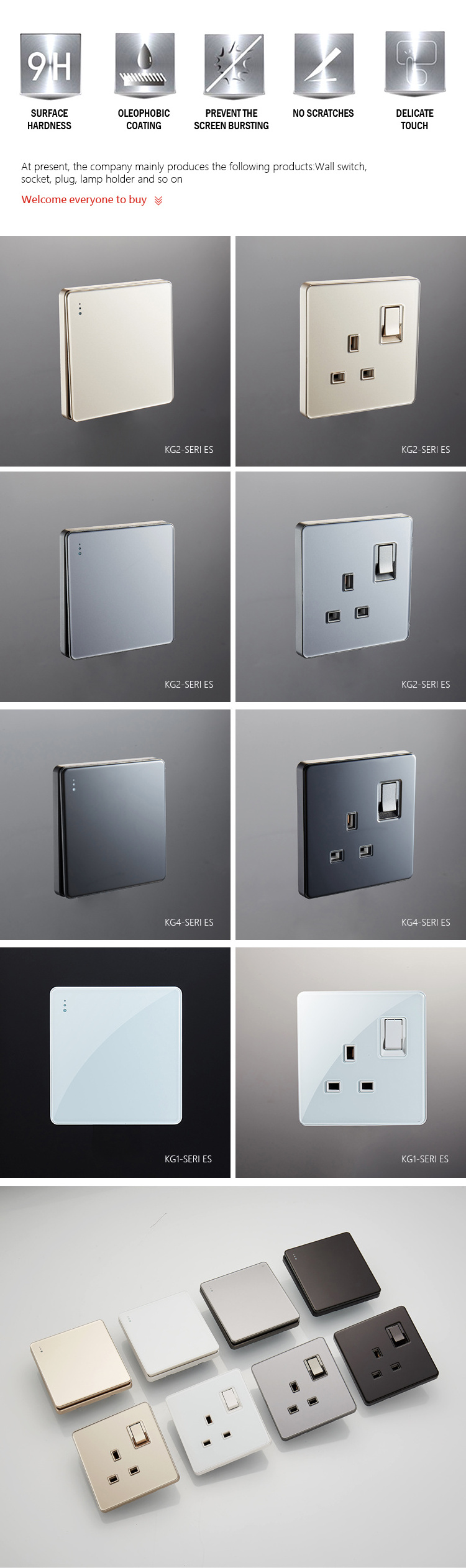 British single double 13A plug switched socket electric 16A light switch 1 2 3 gang crystal glass touch panel switched sockets