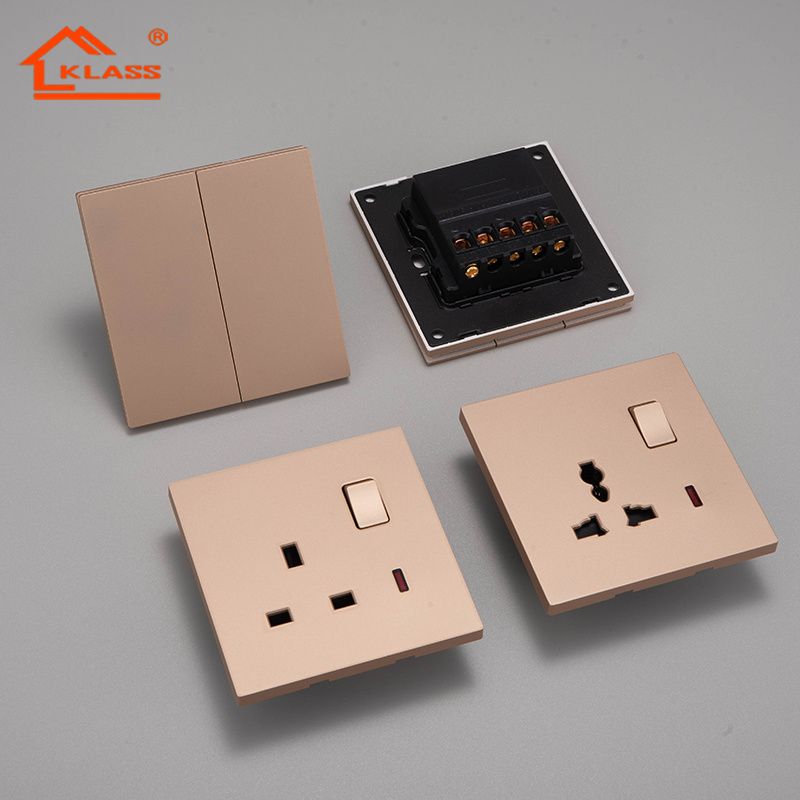 Fashion style 16A light switch factory PC gold frame color 2 gang 3 gang electrical wall light switches and sockets for home