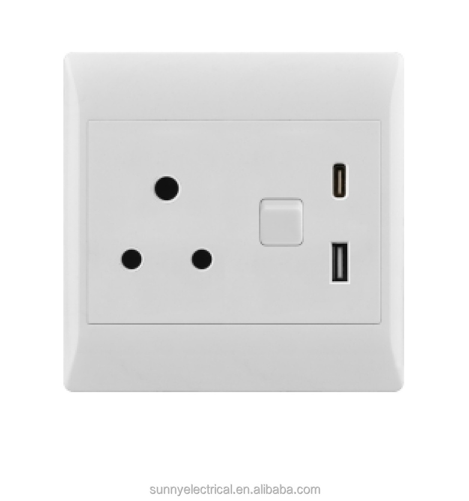 South African Standard Small Push Button Switch with 2 USB Ports Double Pole Wall Socket