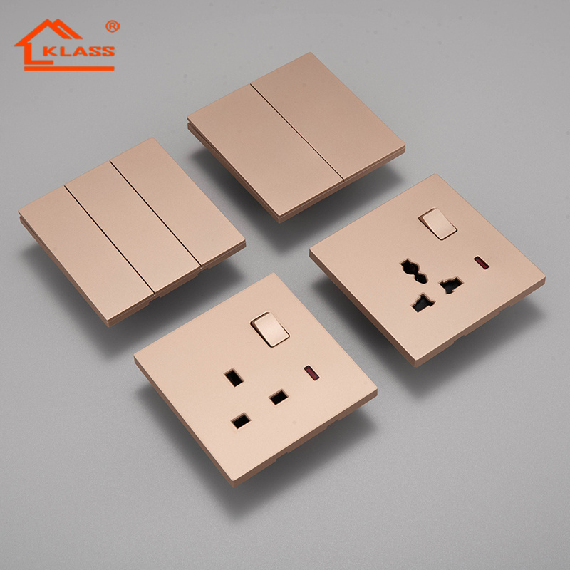 Fashion style 16A light switch factory PC gold frame color 2 gang 3 gang electrical wall light switches and sockets for home