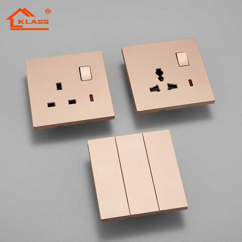 Fashion style 16A light switch factory PC gold frame color 2 gang 3 gang electrical wall light switches and sockets for home