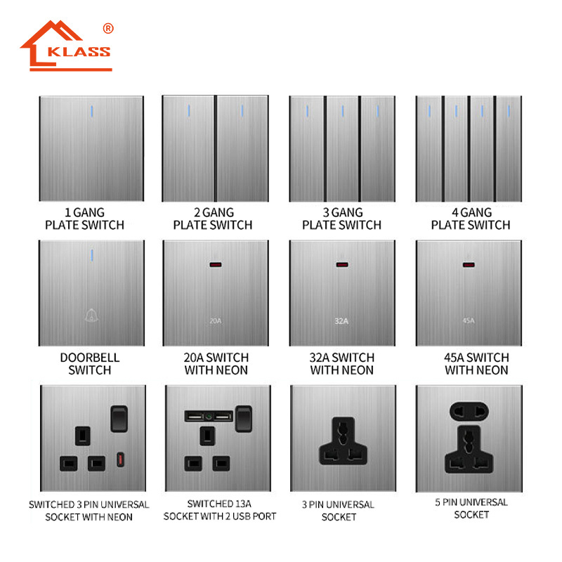 KLASS Wholesale Stainless Steel Switches and Socket 2 Gang 6 Pin 13A 16a 20a 32a 45a UK Standard Double Wall Socket