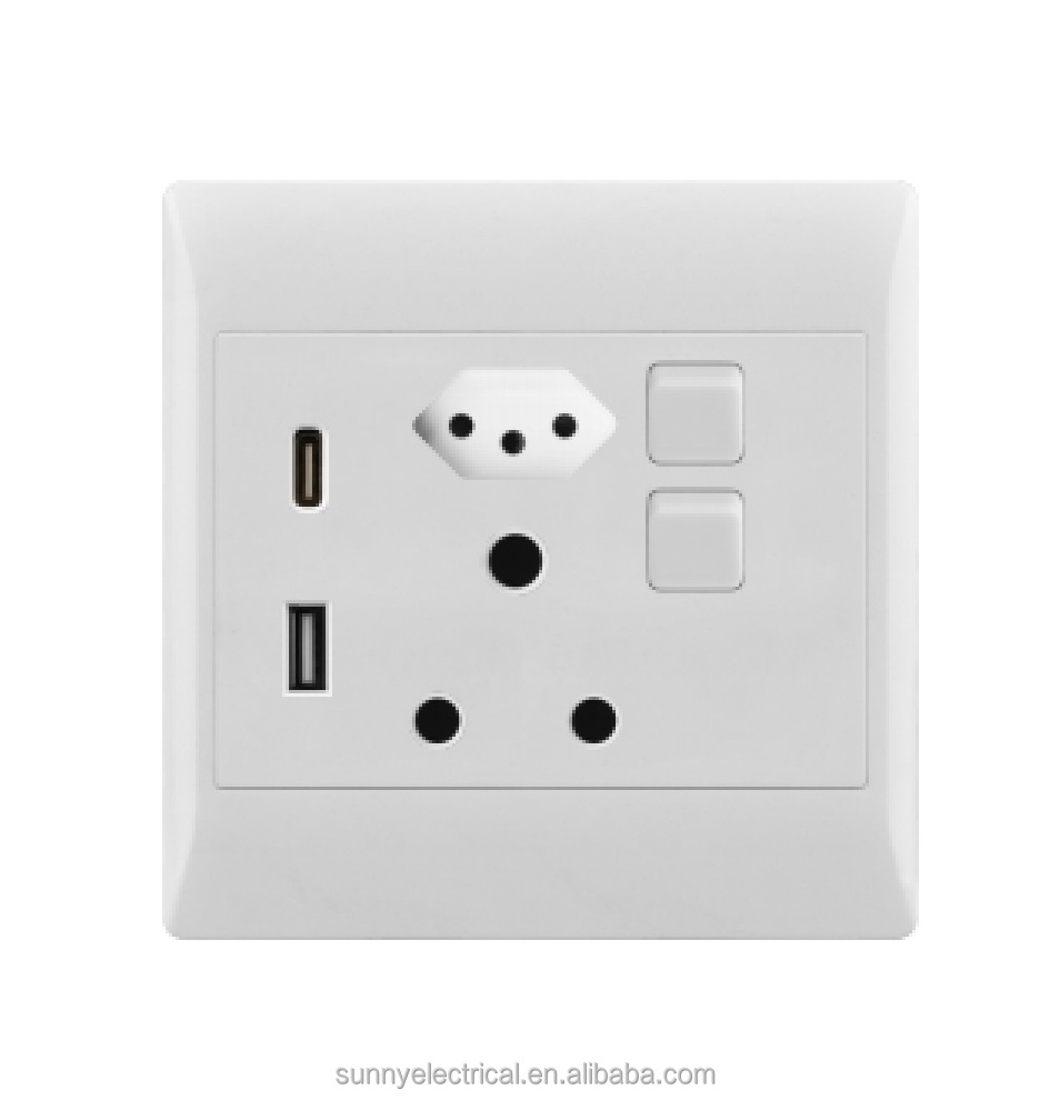 South African Standard Small Push Button Switch with 2 USB Ports Double Pole Wall Socket