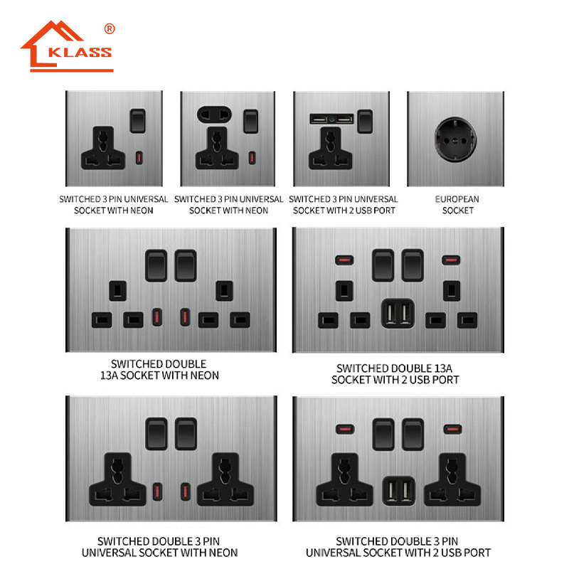 KLASS Wholesale Stainless Steel Switches and Socket 2 Gang 6 Pin 13A 16a 20a 32a 45a UK Standard Double Wall Socket