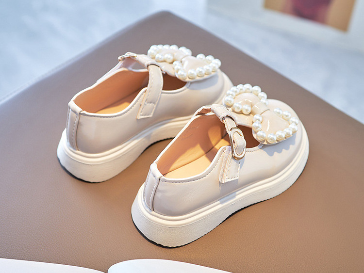 Spring Autumn Girls Leather Shoes with Bow-knot Pearls Beading Princess Sweet Cute Soft Comfortable Children Flats Kids Shoes