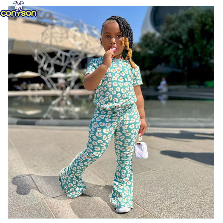 Conyson 2023 Boutique Cute Kids Baby Hot Girls New T-Shirt Bell Bottom Fashion Long Pants Tracksuit Summer Children Clothing Set