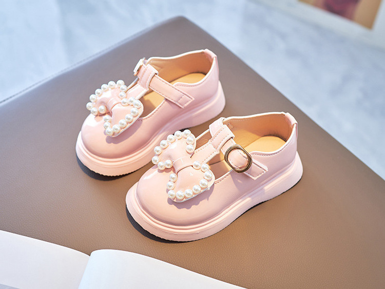 Spring Autumn Girls Leather Shoes with Bow-knot Pearls Beading Princess Sweet Cute Soft Comfortable Children Flats Kids Shoes