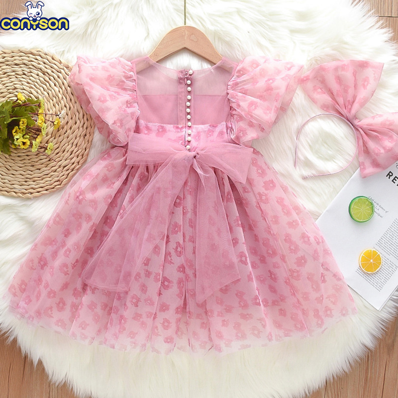 Conyson Wholesale 2023 Hot Sale Summer Children Tulle Flower Fairy Dresses Girl Ball Prom Mesh Princess Little Girl Dress