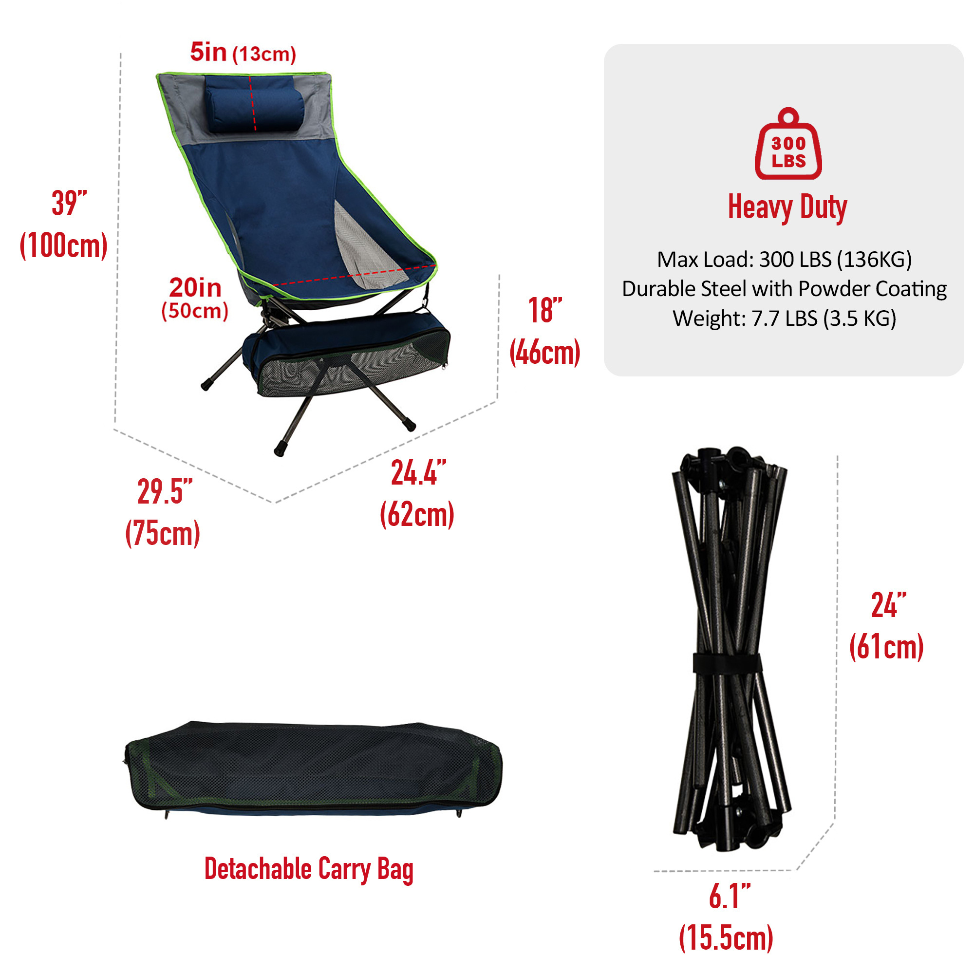 Sunnyfeel Folding Camping Chair High Back Lightweight  Navy Blue Iron Frame Oxford Fabric With Storage Bag