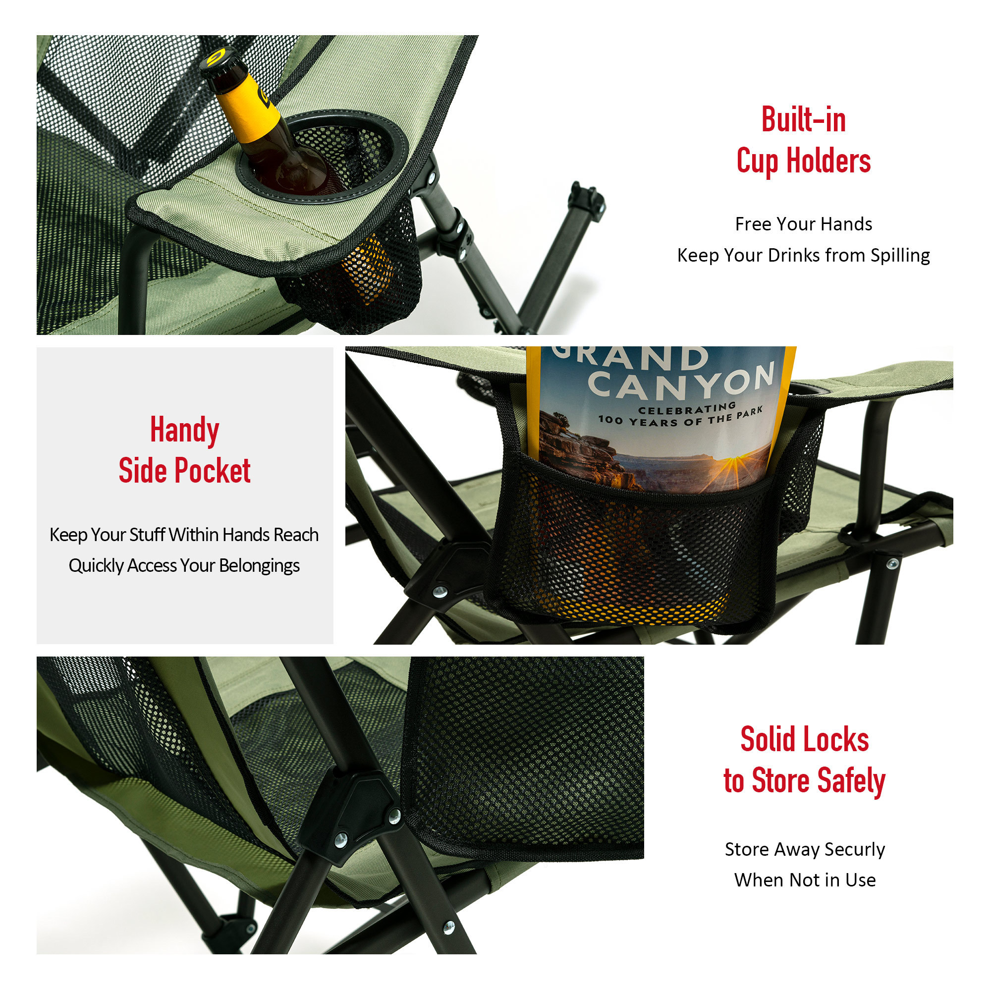 SunnyFeel Camping Rocking Chair Folding Lawn Chairs with Cup Holder and Carry Bag Mesh Back Recliner for Beach Outdoor