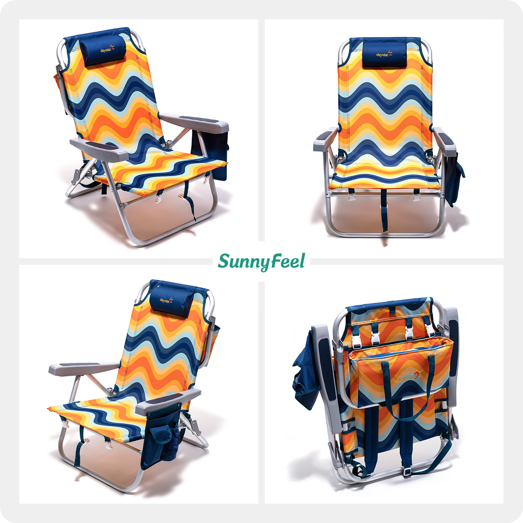 SunnyFeel Folding Beach Chair 5 Position Lay Flat Portable Folding Backpack Beach Chairs Heavy Duty with Cooler Bag