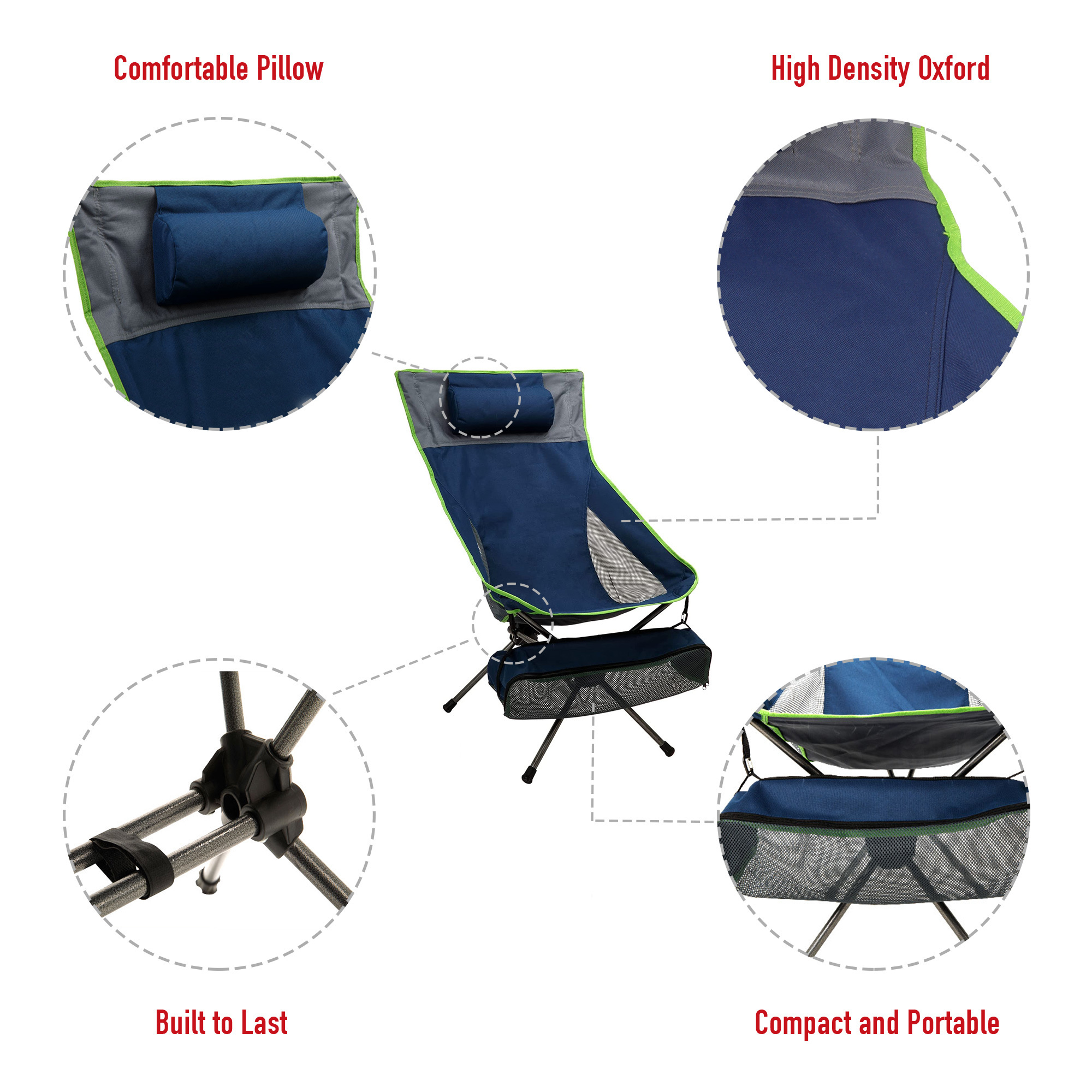 Sunnyfeel Folding Camping Chair High Back Lightweight  Navy Blue Iron Frame Oxford Fabric With Storage Bag