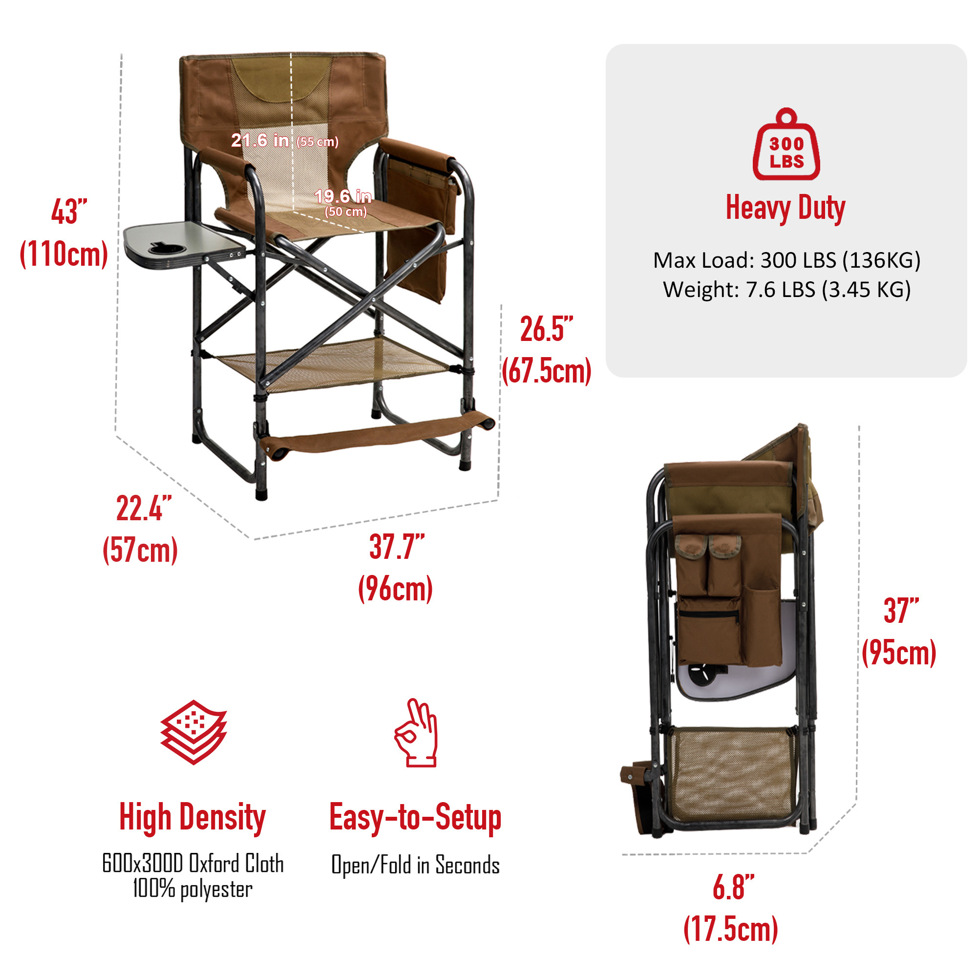 SUNNYFEEL Camping Directors Chair Oversized Portable Folding Chair with Side Table,Fishing,Trip,Picnic,Lawn,Concert