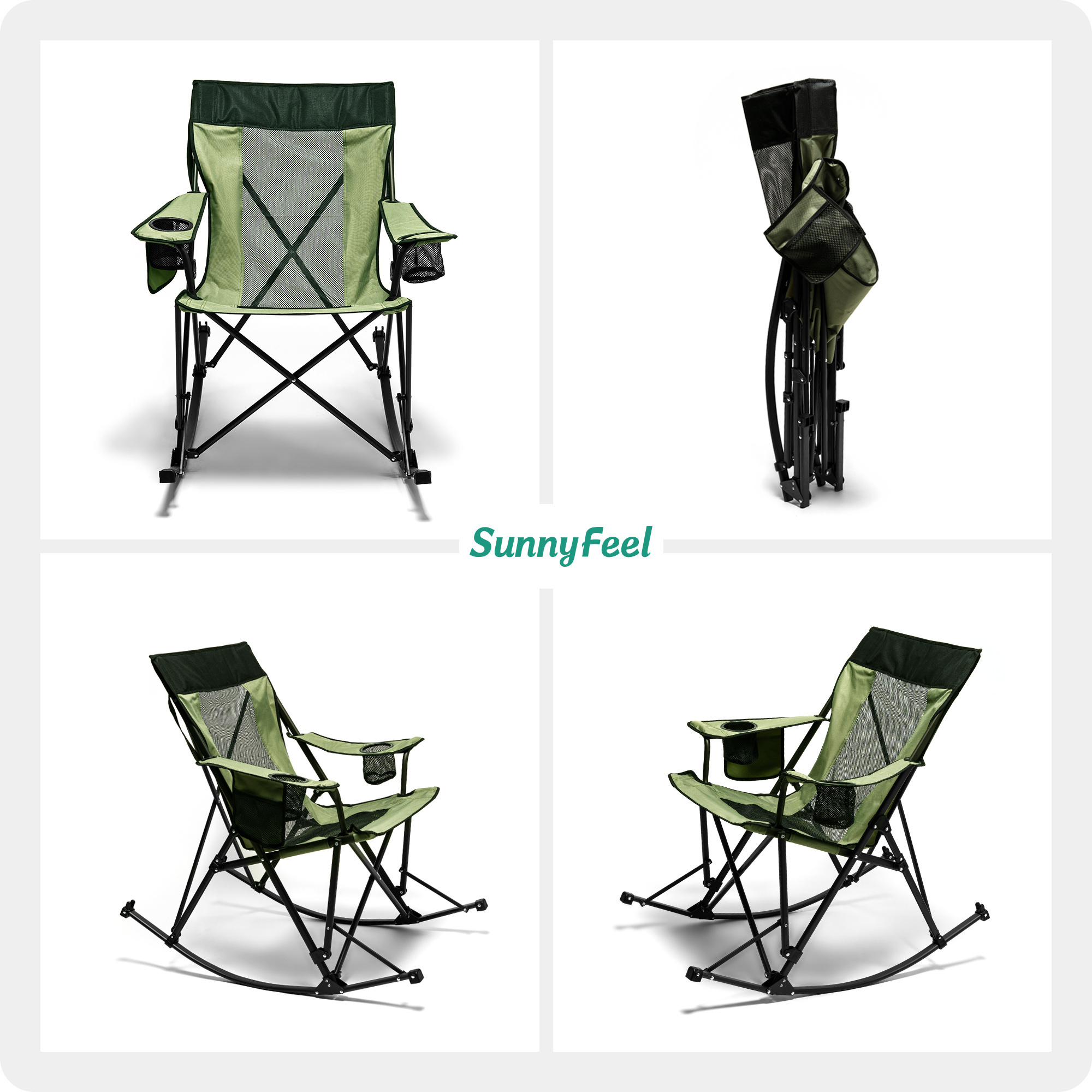 SunnyFeel Camping Rocking Chair Folding Lawn Chairs with Cup Holder and Carry Bag Mesh Back Recliner for Beach Outdoor