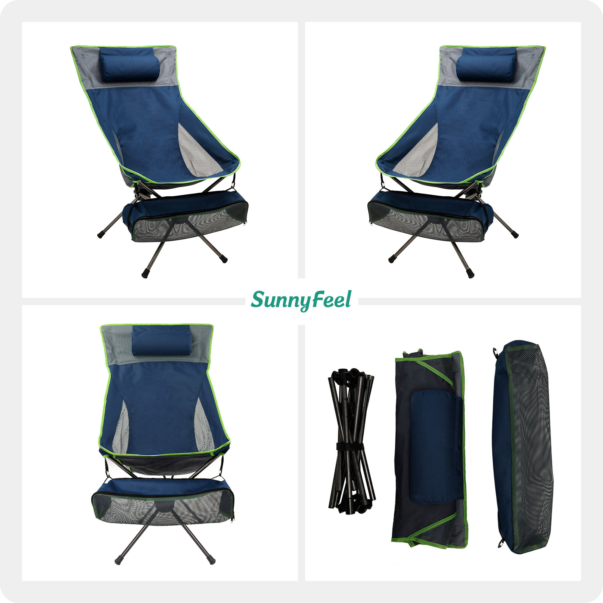 Sunnyfeel Folding Camping Chair High Back Lightweight  Navy Blue Iron Frame Oxford Fabric With Storage Bag